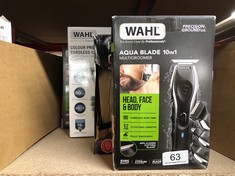 QTY OF ITEMS TO INCLUDE WAHL AQUA BLADE 10 IN 1 MULTIGROOMER, EYEBROW ATTACHMENT, BEARD TRIMMERS MEN, BODY TRIMMERS, MEN’S BEARD TRIMMER, STUBBLE TRIMMING, BODY SHAVING, FACE GROOMING, FULLY WASHABLE