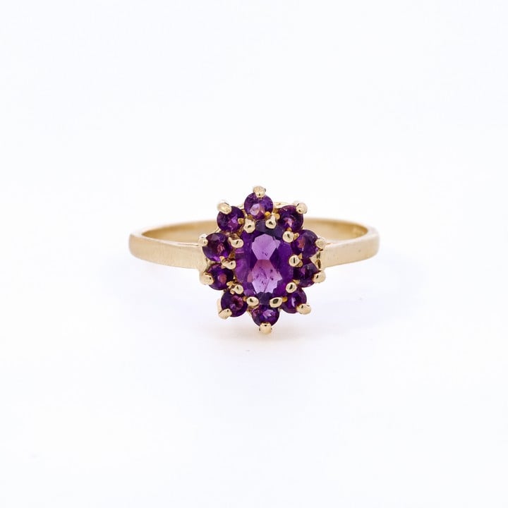 9ct Yellow Gold Amethyst Cluster Ring, Size M½, 1.8g.  Auction Guide: £150-£200