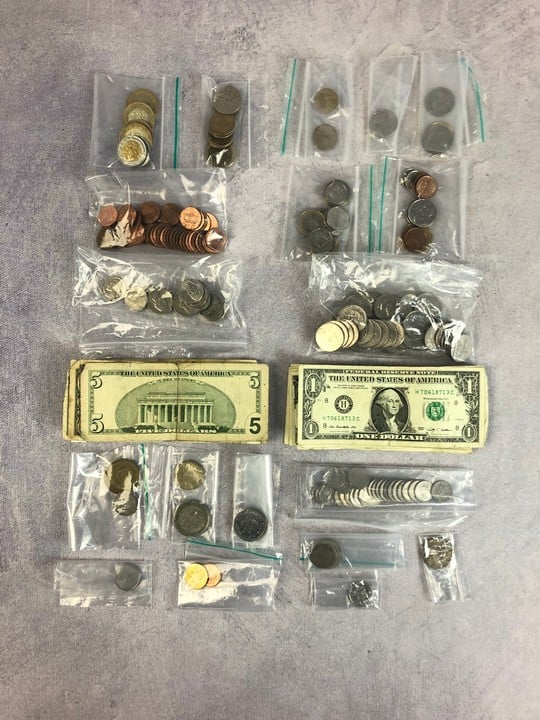 Selection of currency, including Cuba Pesos, Peru Sol, Centimes, USA Dollars and Coins, Falkland Islands, Canadian Cents, Jamaican Dollars, Trinidad Cents, Barbados Cents, Mexican Pesos, Columbian Pe