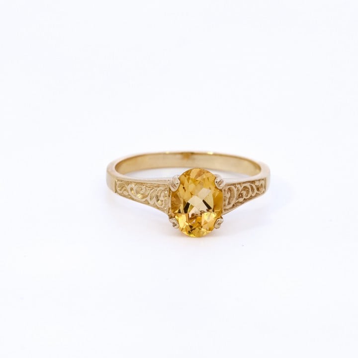 9ct Yellow Gold Citrine Faceted Oval-cut Scroll Shoulders Ring, Size N½, 2.2g