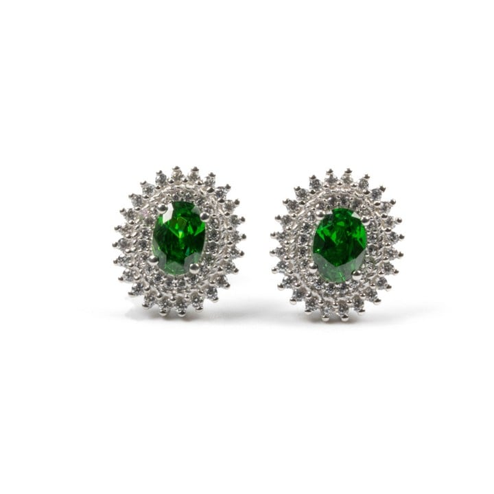 Silver Green Oval Faceted Stone with Double Clear Stone Halo Stud Earrings, 1.5x1.2cm, 4.7g