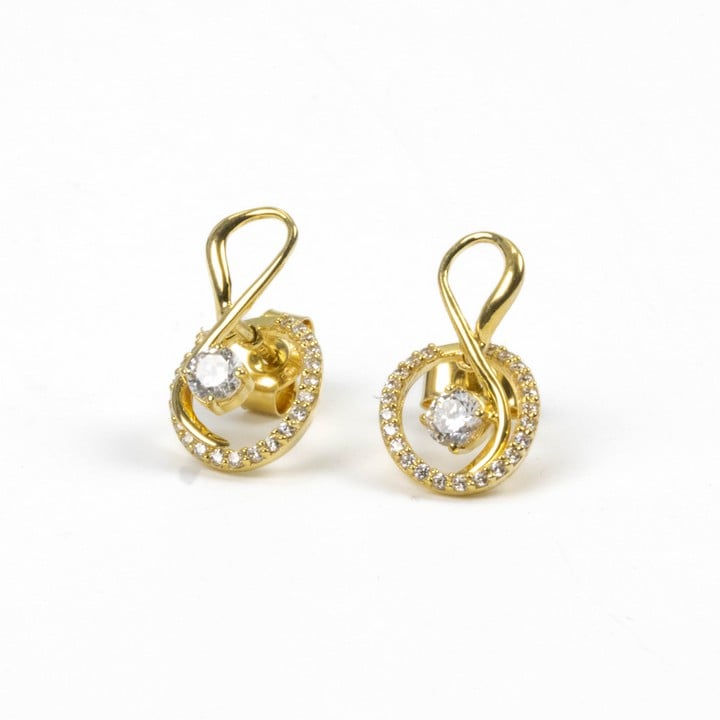 Silver Yellow Gold Plated Clear Round Faceted Stone with Clear Stone Pavé Circle Earrings, 2cm, 2g