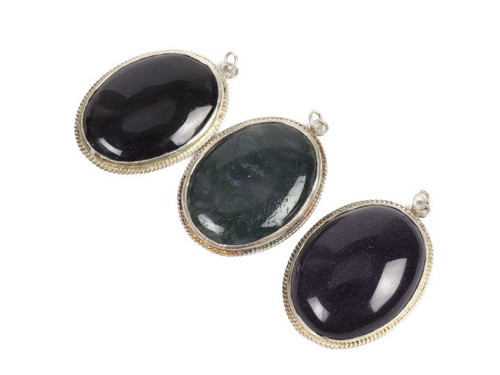 Silver Green Moss Agate, Black Onyx and Blue Gold Stone Cabochon Oval-cut Pendants, 40x30mm, 56g