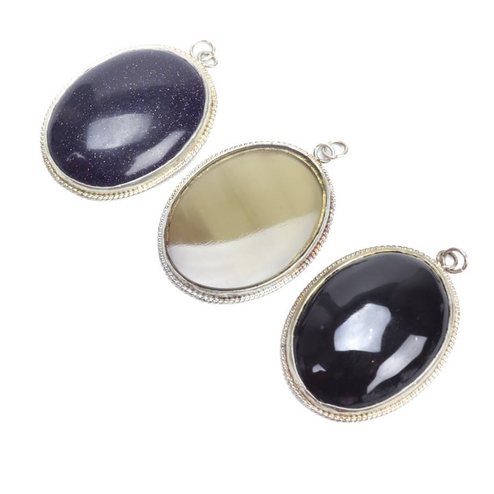 Silver Smoky Quartz, Blue Gold Stone and Black Onyx Cabochon Oval-cut Pendants, 40x30mm, 50.6g