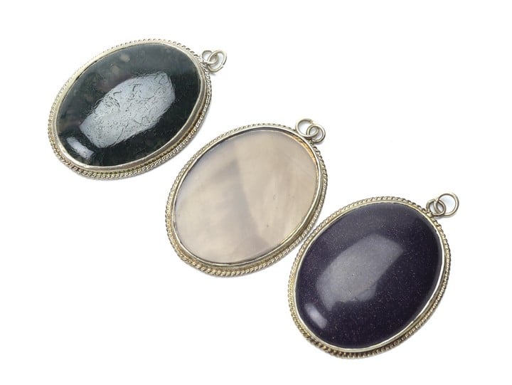 Silver Blue Gold Stone, Green Moss Agate and Smoky Quartz Cabochon Oval-cut Pendants, 40x30mm, 47.6g