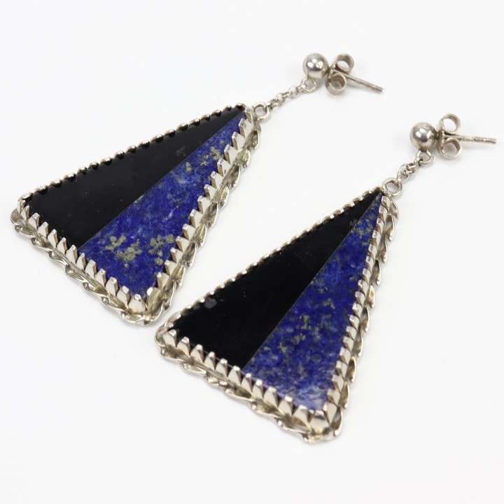 Silver Natural Lapis Lazuli and Black Onyx Triangular Drop Earrings, 5x2.8cm, 16g (VAT Only Payable on Buyers Premium)