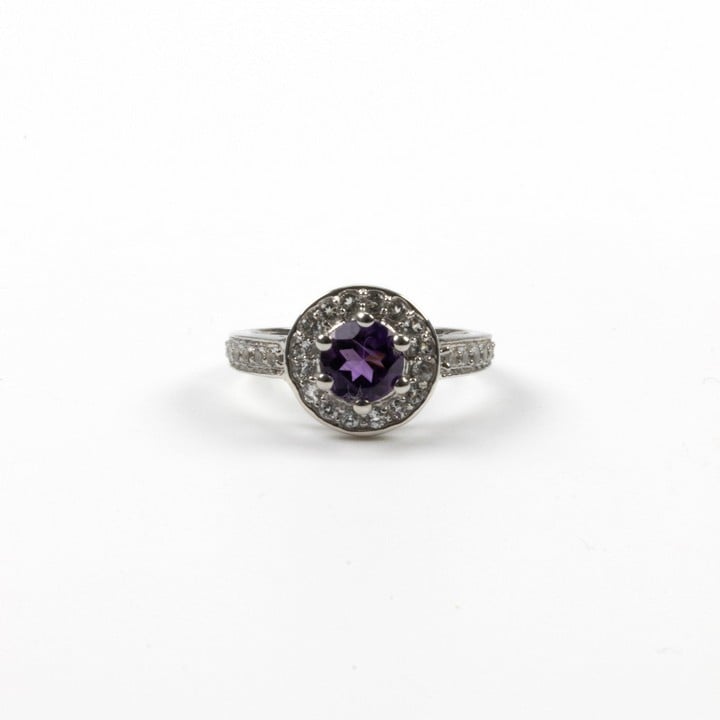 Silver Purple Round Faceted Stone with Clear Stone Pavé Halo and Shoulders Ring, Size K, 3.2g