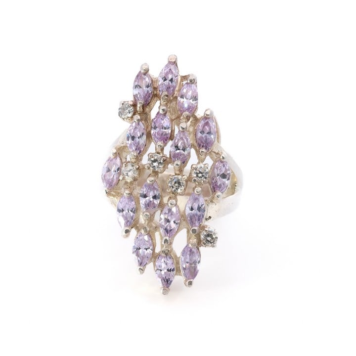 Silver Clear and Purple Stone Cluster Ring, Size P, 16g (VAT Only Payable on Buyers Premium)