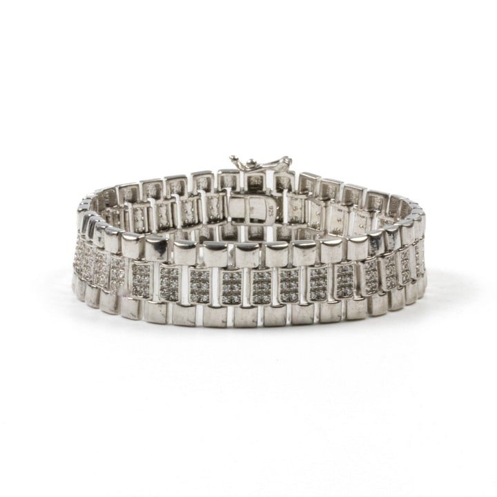 Silver Clear Stone Pavé Three Row Bracelet, 15cm, 19g (VAT Only Payable on Buyers Premium)