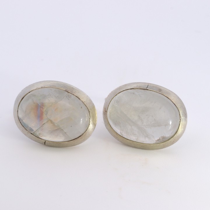 Silver Rainbow Moonstone and Amethyst Stud Earrings, 1.5x1.1cm, 6.4g (VAT Only Payable on Buyers Premium)