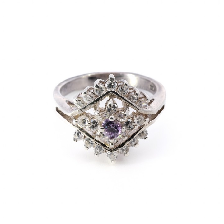 Silver Amethyst and Clear Stone Fancy Ring, Size M½, 4.8g (VAT Only Payable on Buyers Premium)