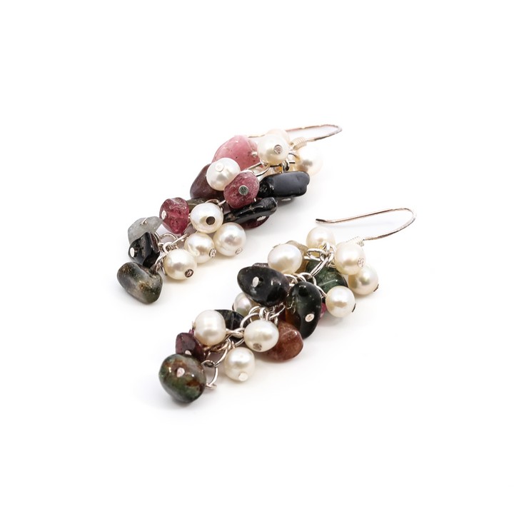 Silver Tourmaline and Pearl Drop Earrings, 4.5cm, 7.2g (VAT Only Payable on Buyers Premium)