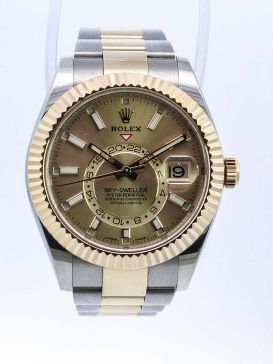 Rolex Sky-Dweller Ref: 326933 Automatic Watch. 42mm Stainless Steel Case with 18ct Yellow Gold Fluted Bezel, Champagne Dial and Stainless Steel & 18ct Yellow Gold Oyster Bracelet. Age: Post 2011. No