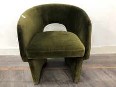 MORRELL HOUSE-STYLE TUB DINING CHAIR WITH CUT OUT BACK & ANGULAR LEGS IN UPHOLSTERED VELVET OLIVE RRP- £795 (COLLECTION OR OPTIONAL DELIVERY)