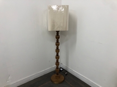 FELIX STAINED SOLID ASH STEM WOODEN FLOOR LAMP WITH A SCULPTURAL STACKED BEAD DETAIL & SQUARE SHADE IN IVORY NATURAL LINEN RRP- £850 (COLLECTION OR OPTIONAL DELIVERY)