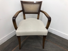 MOLINA DARK HARDWOOD BEECH FRAME DINING CHAIR WITH CURVED WOODEN ARMS IN UPHOLSTERED SLUBY LINEN AND CANE BACK RRP- £625 (COLLECTION OR OPTIONAL DELIVERY)
