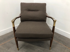 THEODORE TAPERED BIRCH WOOD FRAME ARMCHAIR WITH BRASS DETAILED ARMS IN UPHOLSTERED CHARCOAL COTTON RRP- £995 (COLLECTION OR OPTIONAL DELIVERY)