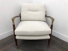 THEODORE TAPERED BIRCH WOOD FRAME ARMCHAIR WITH BRASS DETAILED ARMS IN UPHOLSTERED NATURAL LINEN COTTON RRP- £995 (COLLECTION OR OPTIONAL DELIVERY)