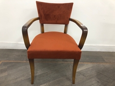 MOLINA DARK HARDWOOD BEECH FRAME DINING CHAIR WITH CURVED WOODEN ARMS IN UPHOLSTERED RUST VELVET SEAT AND BACK RRP- £625 (COLLECTION OR OPTIONAL DELIVERY)