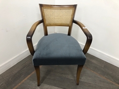 MOLINA HARDWOOD BEECH FRAME, CURVED WOODEN ARMS AND CANE BACK ARMCHAIR IN UPHOLSTERED GREY BLUE VELVET RRP- £625 (COLLECTION OR OPTIONAL DELIVERY)