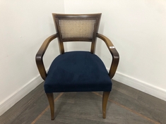 MOLINA HARDWOOD BEECH FRAME, CURVED WOODEN ARMS AND CANE BACK ARMCHAIR IN UPHOLSTERED ROYAOL BLUE VELVET RRP- £625 (COLLECTION OR OPTIONAL DELIVERY)