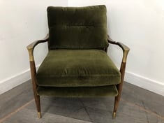 THEODORE HANDCRAFTED SOLID BIRCHWOOD ARMCHAIR WITH A TAPERED DEEP SIT SHAPE & CAST-BRASS DETAILED ARMS IN UPHOLSTERED VELVET OLIVE RRP- £995 (COLLECTION OR OPTIONAL DELIVERY)