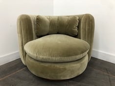 VIVIENNE SWIVEL CURVED SILHOUTTE ARMCHAIR WITH PLEATED STITCH DETAIL IN UPHOLSTERED VELVET LICHEN RRP- £1,895 (COLLECTION OR OPTIONAL DELIVERY)