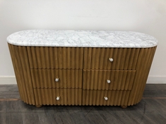 CARLISLE SOLID OAK & ITALIAN CARRARA MARBLE TOP AND HANDLES 6 DRAWER DRESSER, RIDGED DESIGN WITH FLUTED BUN FEET RRP- £2,495 (COLLECTION ONLY)