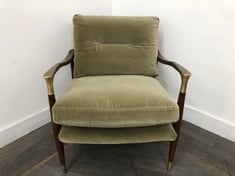 THEODORE HANDCRAFTED SOLID BIRCHWOOD ARMCHAIR WITH A TAPERED DEEP SIT SHAPE & CAST-BRASS DETAILED ARMS IN UPHOLSTERED VELVET SAGE RRP- £995 (COLLECTION OR OPTIONAL DELIVERY)