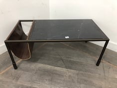 PORTNALL BLACKENED-BRASS FRAME COFFEE TABLE WITH BLACK MARAQUINA HONED MARBLE TOP & DISTRESSED LEATHER SLING RRP- £995 (COLLECTION OR OPTIONAL DELIVERY)