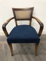 MOLINA HARDWOOD BEECH FRAME ARMCHAIR WITH A CANE BACK AND CURVED WOODEN ARMS IN UPHOLSTERED GREY BLUE VELVET PLUSH RRP- £625 (COLLECTION OR OPTIONAL DELIVERY)