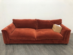 REYA 3 SEATER SOFA UPHOLSTERED IN VELVET RUST WITH CUSHIONED ARM RESTS AND SLENDER TURNED WALNUT LEGS RRP- £3,495 (COLLECTION OR OPTIONAL DELIVERY)