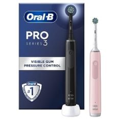 ORAL-B PRO 3 2X ELECTRIC TOOTHBRUSHES FOR ADULTS, GIFTS FOR WOMEN / MEN, 2 HANDLES, 2 CROSS ACTION TOOTHBRUSH HEADS, 3 MODES, 2 PIN PLUG, 3900, BLACK & PINK ELECTRIC TOOTHBRUSH (PACKING MAY VARY). (D