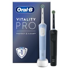 ORAL-B VITALITY PRO 2X ELECTRIC TOOTHBRUSHES FOR ADULTS, MOTHERS DAY GIFTS FOR HER / HIM, 2 TOOTHBRUSH HEADS, 3 BRUSHING MODES INCLUDING SENSITIVE PLUS, 2 PIN UK PLUG, BLACK & BLUE. (DELIVERY ONLY)