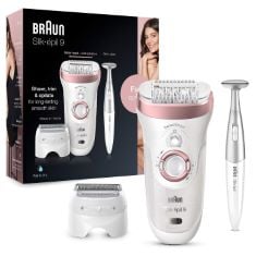 ASSORTED ITEMS TO INCLUDE BRAUN SILK-ÉPIL 9 EPILATOR FOR WOMEN FOR LONG-LASTING HAIR REMOVAL WITH ELECTRIC SHAVER & TRIMMER & BIKINI TRIMMER, 100% WATERPROOF, UK 2 PIN PLUG, 9-890, WHITE. (DELIVERY O