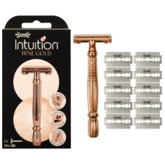 8 X WILKINSON SWORD - INTUITION ROSEGOLD RAZOR FOR WOMEN | PREMIUM METAL SAFETY RAZOR | PACK OF 1 METAL RAZOR AND 10 BLADES. (DELIVERY ONLY)