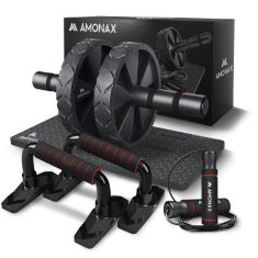 QUANTITY OF ASSORTED ITEMS TO INCLUDE AMONAX GYM EQUIPMENT FOR HOME WORKOUT (AB ROLLER WHEEL SET, SKIPPING ROPE, PUSH-UP HANDLES). FITNESS EXERCISE, STRENGTH TRAINING EQUIPMENT FOR ABS, WEIGHT LOSS,
