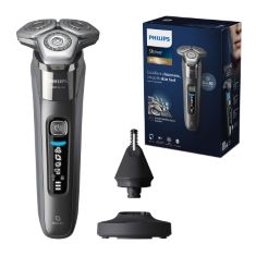1 X PHILIPS SHAVER SERIES 8000 - WET & DRY ELECTRIC SHAVER WITH SKINIQ TECHNOLOGY IN DARK CHROME WITH 1 X POP-UP TRIMMER, CHARGING STAND, P-CAP, CLEANING BRUSH AND NOSE TRIMMER (MODEL S8697/23). (DEL