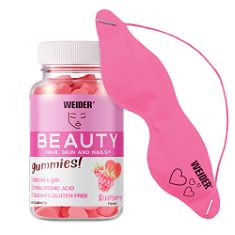 QUANTITY OF ASSORTED SUPPLEMENTS TO INCLUDE WEIDER PACK BEAUTY 80 GUMMIES + BEAUTY EYE MASK. RASPBERRY FLAVOUR. ANTI-AGING, SKIN, NAILS & HAIR FORMULA. WITH COLLAGEN, HYALURONIC ACIDE, COQ10, VITAMIN