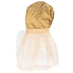 QTY OF ITEMS TO INLCUDE BOX OF ASSORTED ITEMS TO INCLUDE CV LINENS 8884US BANQUET GLITZ SEQUIN SLIP COVER-46 CM | GOLD | 1 PC CHAIR BACKS, AMSCAN 570297 TABLE RUNNER-33CM X 183CM | ROSE GOLD | 1 PC.
