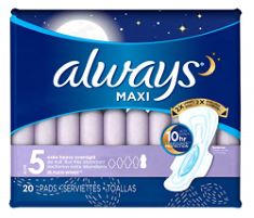 QTY OF ITEMS TO INLCUDE ASSORTED SANITARY PRODUCTS TO INCLUDE ALWAYS PADS MAXI SIZE 5-20 COUNT X-TRA HEAVY OVERNIGHT (3 PACK), ALWAYS DISCREET SENSITIVE BLADDER INCONTINENCE PADS LINERS SMALL PLUS -