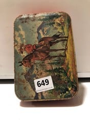 AN ANTIQUE ADVERTISING TIN FULL OF VINTAGE CANADIAN STAMPS (DELIVERY ONLY)