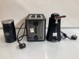 A TWO SLICE JOHN LEWIS TOASTER TOGETHER WITH AN ELECTRIC TIN OPENER AND A MILK HEATER