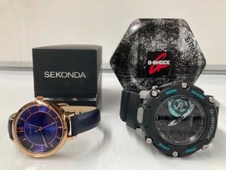A CASIO G-SHOCK 5674 TOGETHER WITH A SEKONDA LADIES WATCH WITH A BLUE DIAL