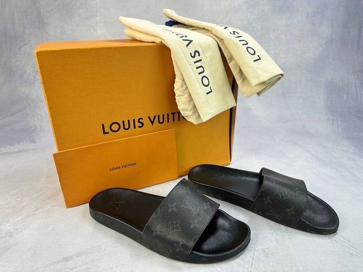 Louis Vuitton Monogram Sliders (One Slider Damaged) With Box & Dustbags - Size 8 (VAT ONLY PAYABLE ON BUYERS PREMIUM)