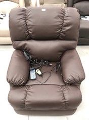 RECLINING ELECTRIC MASSAGE CHAIR WITH BROWN SELF-HELP STAND UP FUNCTION.