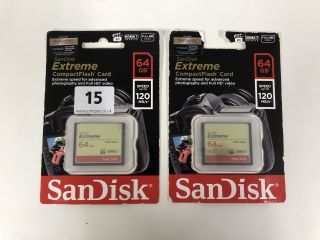 2 X SANDISK EXTREME COMPACT FLASH CARDS - 64GB (SEALED)
