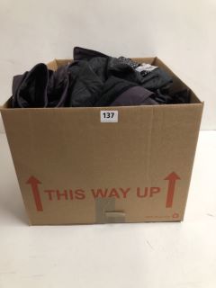 BOX OF ASSORTED CLOTHING IN VARIOUS DESIGNS & SIZES