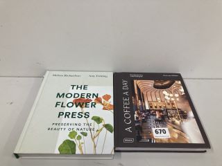 A HARDBACK COPY OF THE MODERN FLOWER PRESS BOOK AND A COPY OF A COFFEE A DAY BOOK