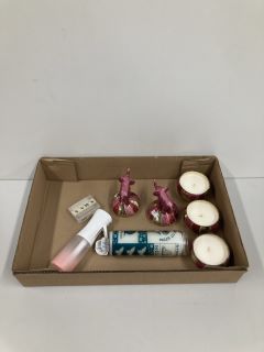 A BOX OF ASSORTED ORNAMENTS AND SCENTED SANDALS